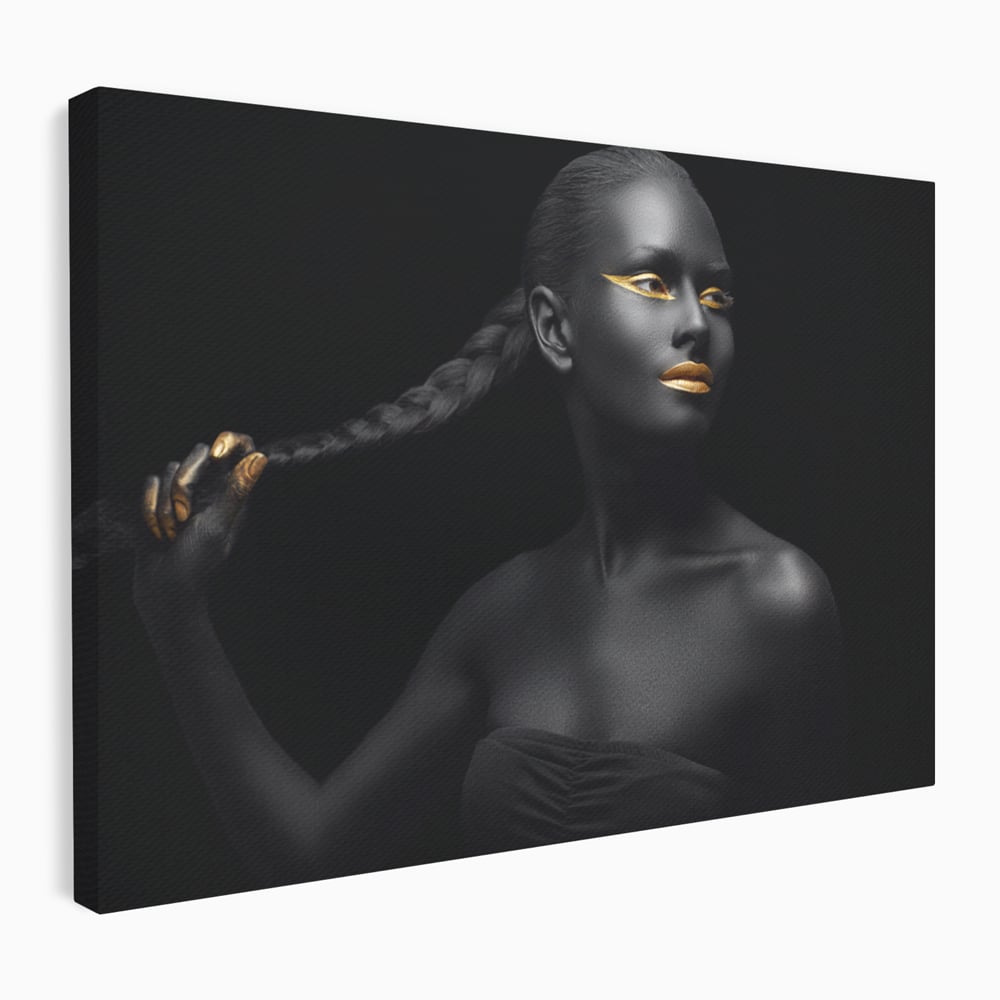 Tablou canvas cu tablou canvas cu femeie vopsita in negru si auriu, fara rama, pe sasiu de lemn